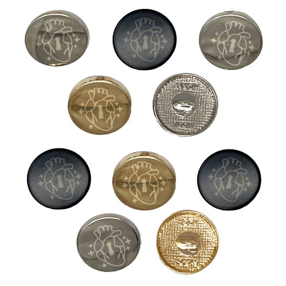 Magic Heart Keyhole Set of 10 Metal 0.6" (15mm) Sewing Shank Round Buttons - Silver Color
