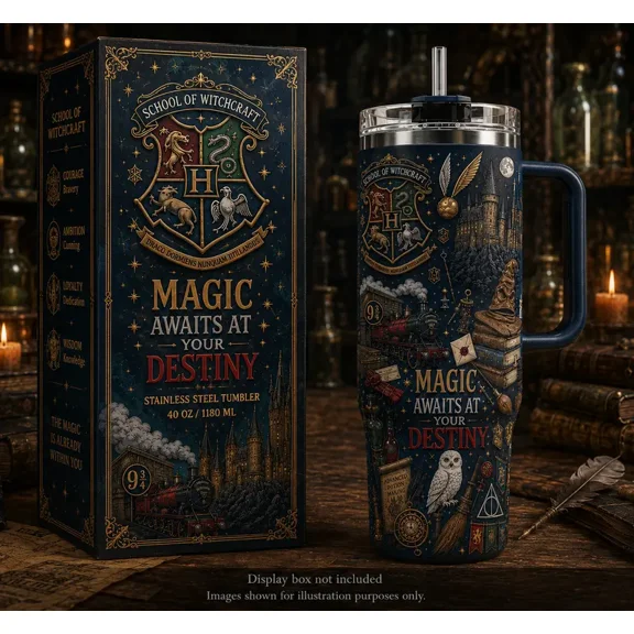 Magic Hogwarts Wizard School 40oz Tumbler, HP Inspired Insulated Travel Cup, Dark Academia Fantasy Magic Mug V2