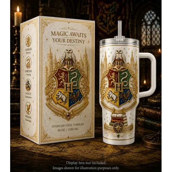 Magic Hogwarts Wizard School 40oz Tumbler, HP Inspired Insulated Travel Cup, Dark Academia Fantasy Magic Mug