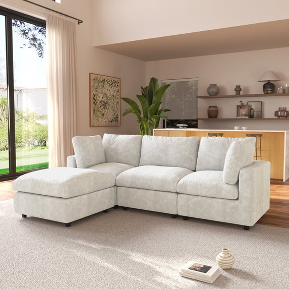 Magic Home 100.5" Modular Sectional Sofa, Modern Chenille L Shaped Cloud Couches Beige Couch for Living Room, Apartment, Office, 4-Seat, Beige