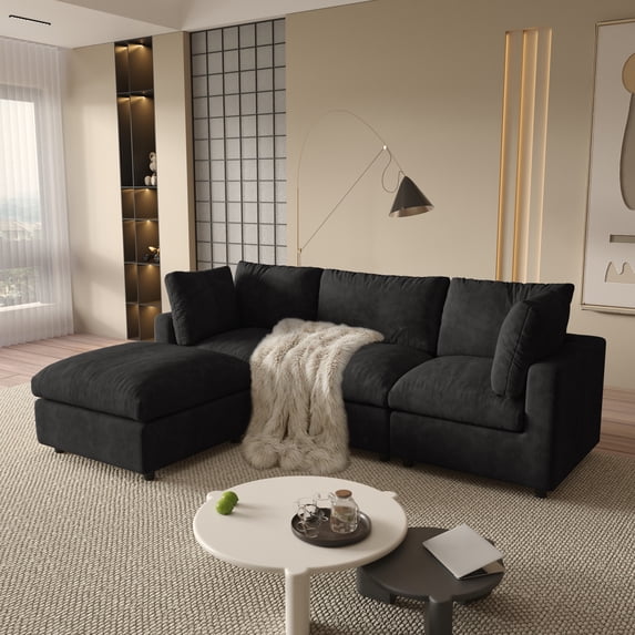 Magic Home 100.5" Modular Sectional Sofa, Modern Chenille L Shaped Cloud Couches Black Couch for Living Room, Apartment, Office, 4-Seat, Black