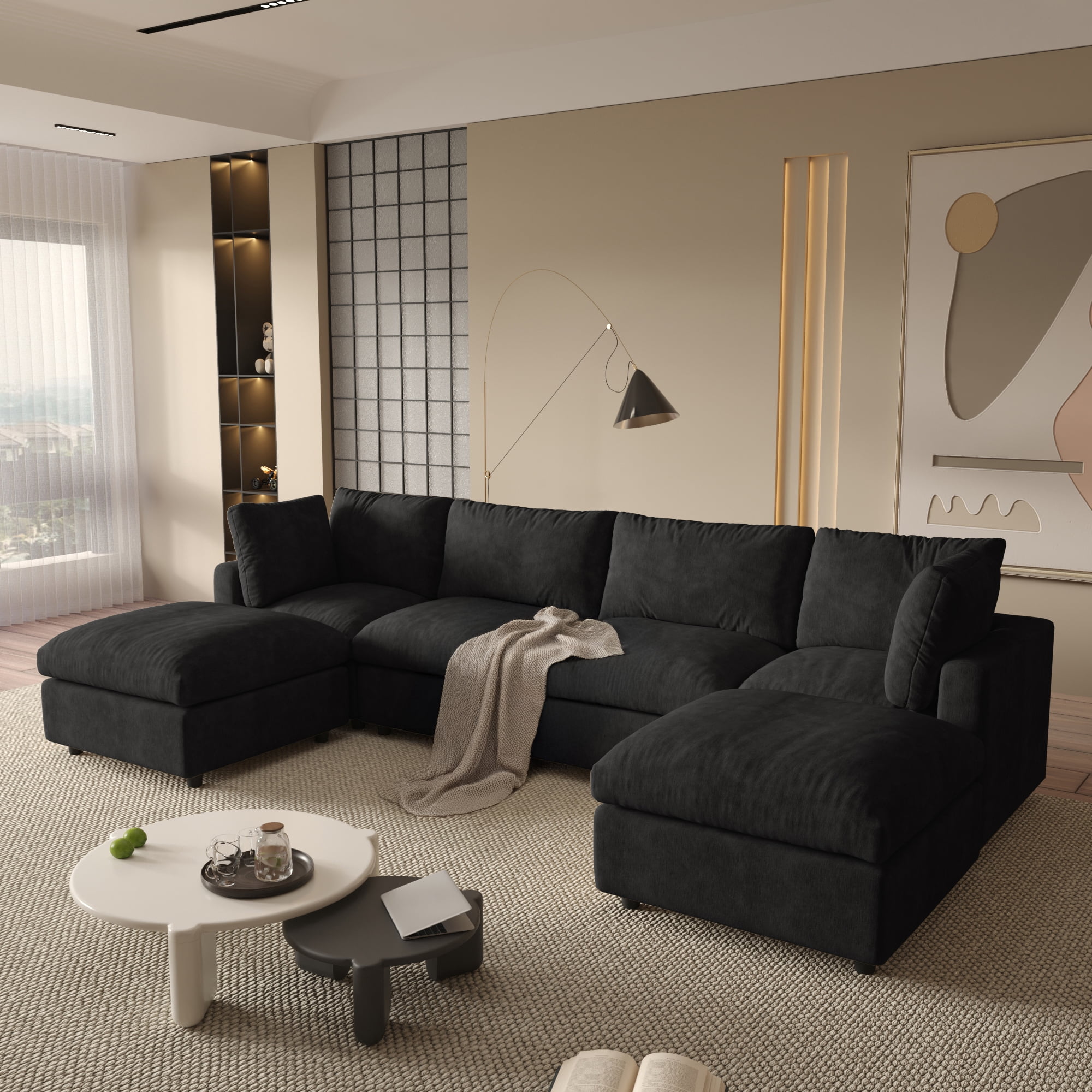 Magic Home 100.5" Modular Sectional Sofa, Modern Chenille U Shaped Cloud Couches Black Couch for Living Room, Apartment, Office, 6-Seat, Black