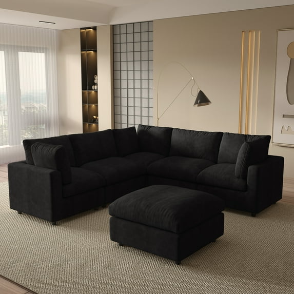 Magic Home 100.5" Modular Sectional Sofa, Modern Chenille U Shaped Cloud Couches Black Couch for Living Room, Apartment, Office, 6-Seat, Black