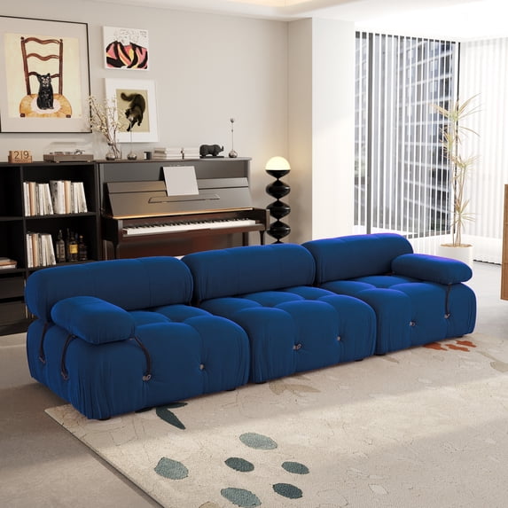 Magic Home 103.95" Modular Sectional Sofa, Modern Flannel Fabric Deep Seat U-Shaped Cloud Couches Blue Couch for Living Room, Apartment, Office, 3-Seat, Blue