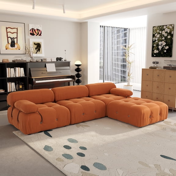 Magic Home 103.95" Modular Sectional Sofa with Movable Ottomans, Modern Flannel Fabric Deep Seat L-Shaped Cloud Couches Orange Couch for Living Room, Apartment, Office, 4-Seat, Orange
