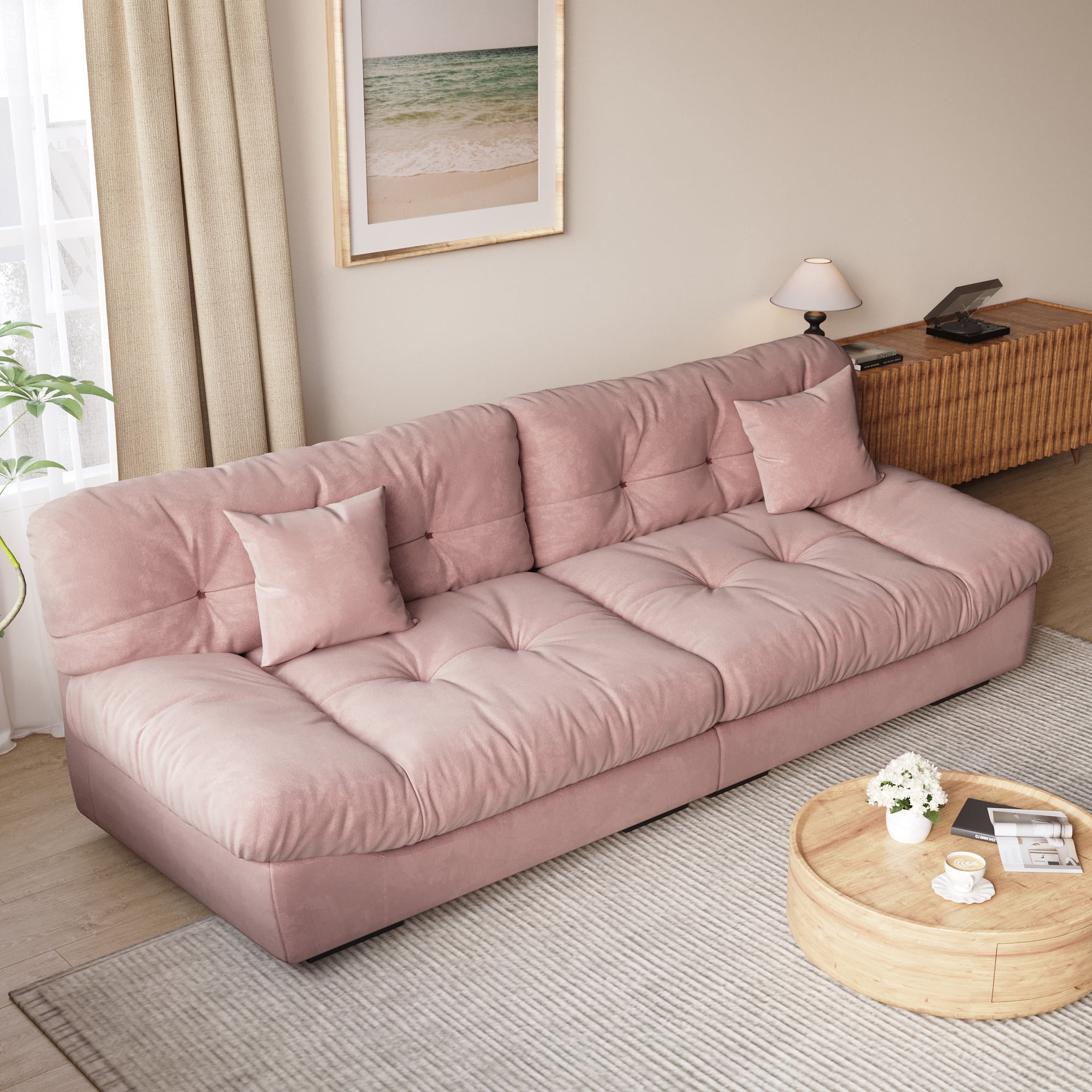 Magic Home 105" Cloud Sofa,Modern Velvet Couch,3-Seat Sofa for Living Room,Apartment and Small Space,Pink