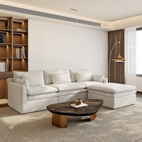 The Magic Home 117" Modular Sectional Sofa with Movable Ottoman, Cloud Couch, Deep Seat L-Shaped Sectional Couch, Upholstered Sofa for Living Room, White Couch