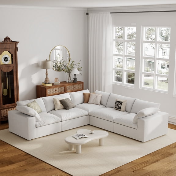 The Magic Home 118" Sofa Couch, Cloud Modular Sectional Sofa, L Shaped Linen Modern Comfy for Living Room, Apartment, Office, DIY Combination, 4 Seater White Couch