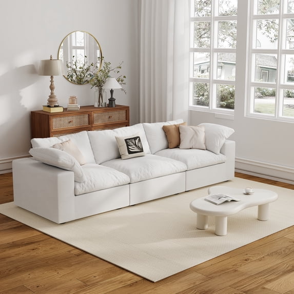 The Magic Home 118" Sofa Couch, Cloud Modular Sectional Sofa, Modern Linen Deep Comfy Couches for Living Room, Apartment, Office, Washable Replaceable Covers, 3 Seater White Couch