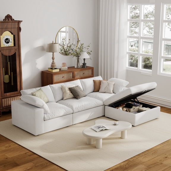 The Magic Home 118" Sofa Couch, Cloud Modular Sectional Sofa with Removable Storage Ottoman, L Shaped Linen Modern Comfy for Living Room, Apartment, Office, DIY Combination, 3 Seater White Couch