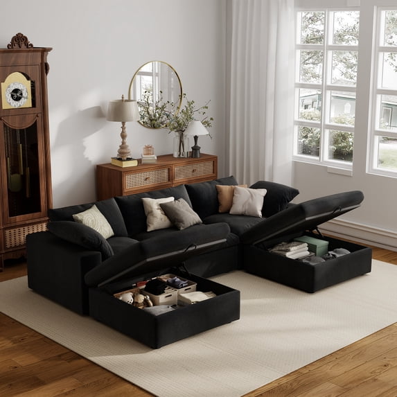 The Magic Home 118" Sofa Couch, Cloud Modular Sectional Sofa with Removable Storage Ottoman, U Shaped Linen Modern Comfy for Living Room, Apartment, Office, DIY Combination, 3 Seater Black Couch