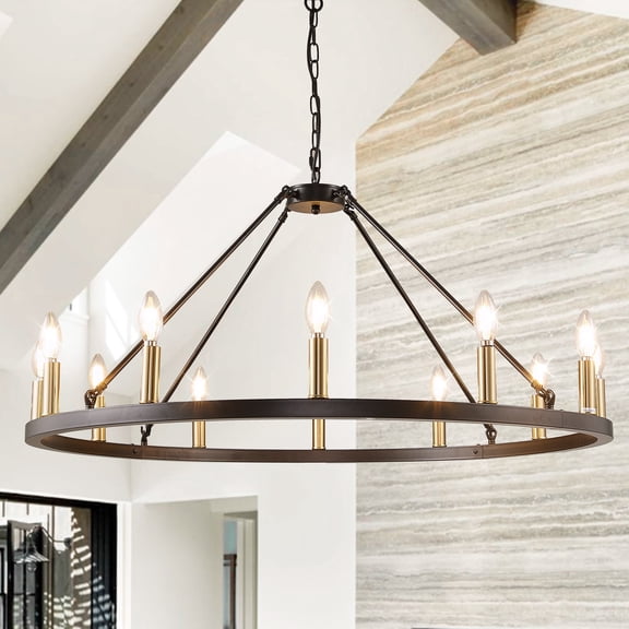 Magic Home 12-Light Wagon Wheel Chandelier,Modern Farmhouse Large Round Chandelier,Round Kitchen Island Light,Black frame + Glod lamp head