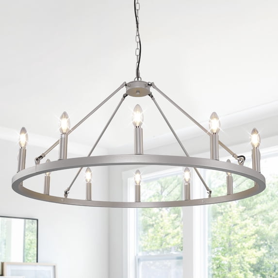 Magic Home 12-Light Wagon Wheel Chandelier,Modern Farmhouse Large Round Chandelier,Round Kitchen Island Light,Sliver