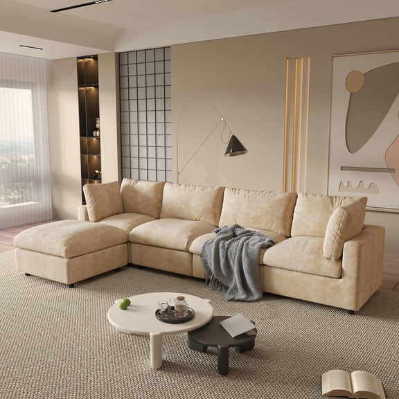 Magic Home 134" Modular Sectional Sofa, Modern Chenille L Shaped Cloud Couches Khaki Couch for Living Room, Apartment, Office, 5-Seat, Khaki