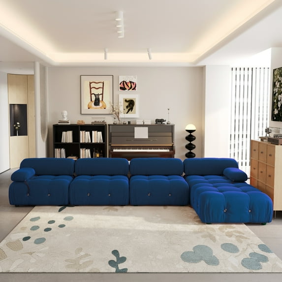 Magic Home 138.6" Modular Sectional Sofa with Movable Ottomans, Modern Flannel Fabric Deep Seat L-Shaped Cloud Couches Blue Couch for Living Room, Apartment, Office, 5-Seat, Blue