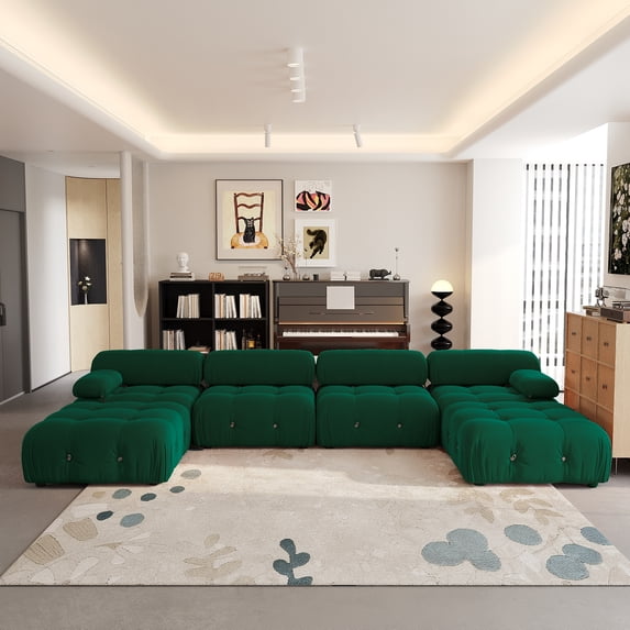 Magic Home 138.6" Modular Sectional Sofa with Movable Ottomans, Modern Flannel Fabric Deep Seat U-Shaped Cloud Couches Green Couch for Living Room, Apartment, Office, 6-Seat, Green