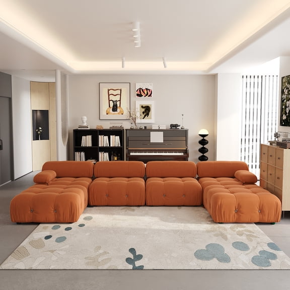 Magic Home 138.6" Modular Sectional Sofa with Movable Ottomans, Modern Flannel Fabric Deep Seat U-Shaped Cloud Couches Orange Couch for Living Room, Apartment, Office, 6-Seat, Orange