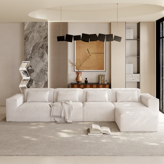 The Magic Home 150" Cloud Sectional Couch with L-Shape Chaise,Modern Modular Sofa with Deep Seat, Upholstered Couches for Living Room Bedroom,No Assembly Required, Beige Couch