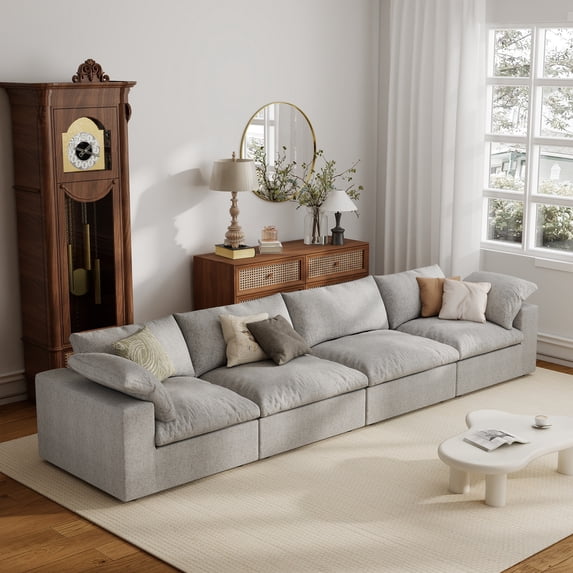 The Magic Home 157" Sofa Couch, Cloud Modular Sectional Sofa, Modern Linen Deep Comfy Couches for Living Room, Apartment, Office, Washable Replaceable Covers, 4 Seater Grey Couch