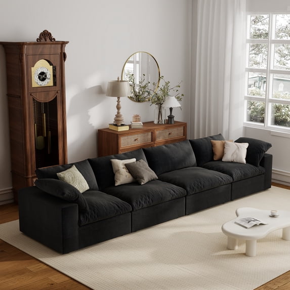 The Magic Home 157" Sofa Couch, Cloud Modular Sectional Sofa, Modern Linen Deep Comfy Couches for Living Room, Apartment, Office, Washable Replaceable Covers, 4 Seater Black Couch