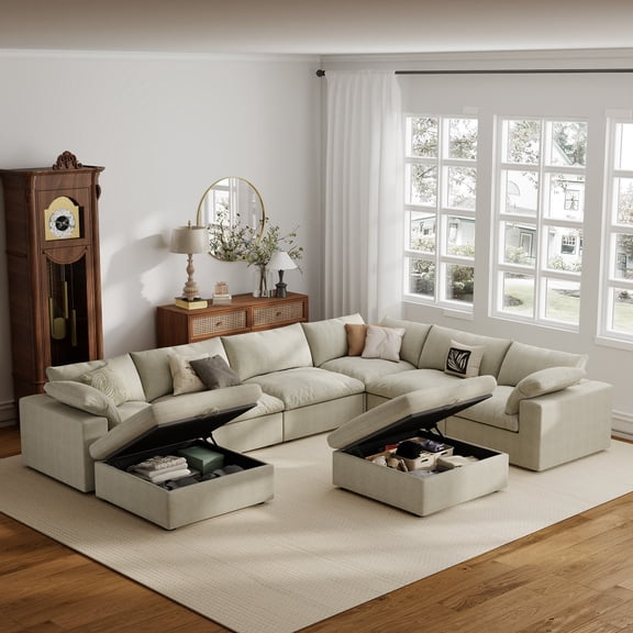 The Magic Home 157" Sofa Couch, Cloud Modular Sectional Sofa with Removable Storage Ottoman, U Shaped Linen Modern Comfy for Living Room, Apartment, Office, DIY Combination, 6 Seater Khaki Couch