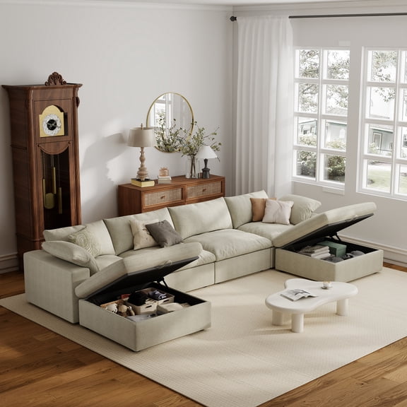 The Magic Home 157" Sofa Couch, Cloud Modular Sectional Sofa with Removable Storage Ottoman, U Shaped Linen Modern Comfy for Living Room, Apartment, Office, DIY Combination, 4 Seater Khaki Couch