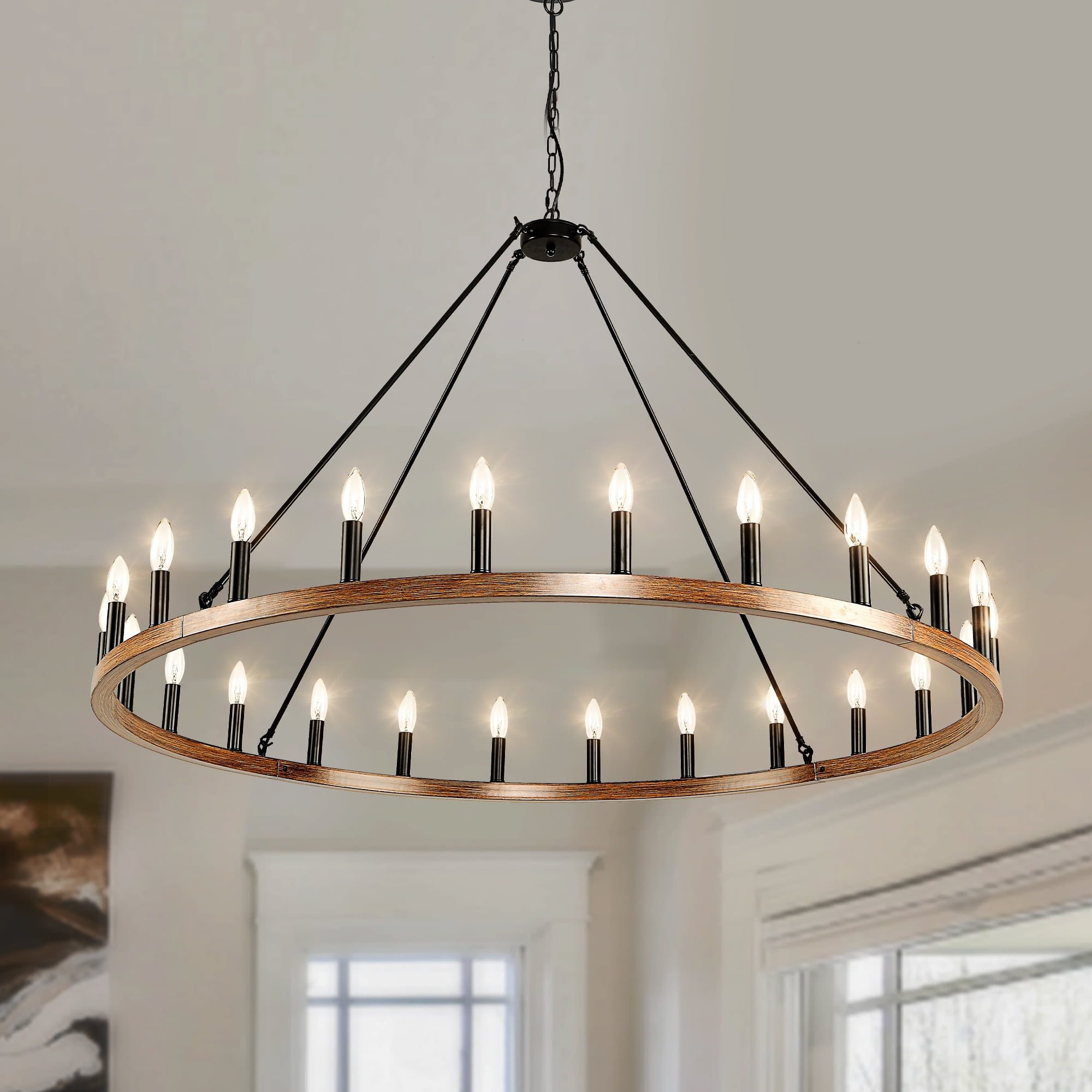 Magic Home 16-Light Big Wagon Wheel Chandelier,Modern Farmhouse Large Light Fixtures Large Round Chandelier,Round Kitchen Island Light,walnut color frame + black lamp head