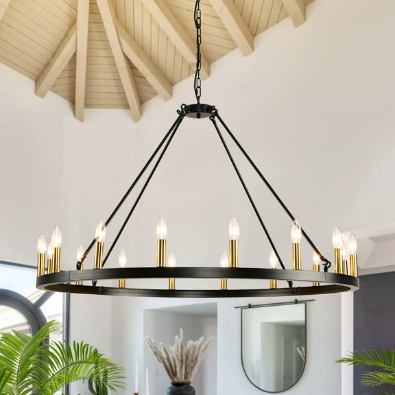 Magic Home 16-Light Big Wagon Wheel Chandelier,Modern Farmhouse Large Light Fixtures Large Round Chandelier,Round Kitchen Island Light,black frame   electroplated imitation copper lamp holder