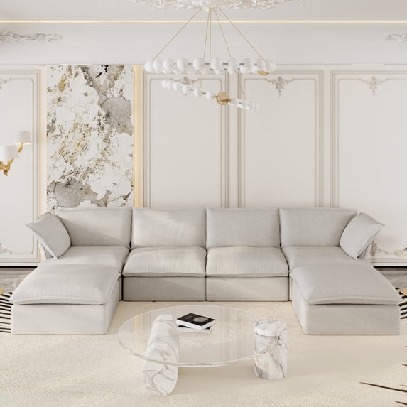 The Magic Home 162" U shape Modular Sectional Sofa with Movable Ottomans, Modern Hemp Velvet Deep Seat Couches for Living Room, Apartment, Office, 4-Seat, Beige Sofa
