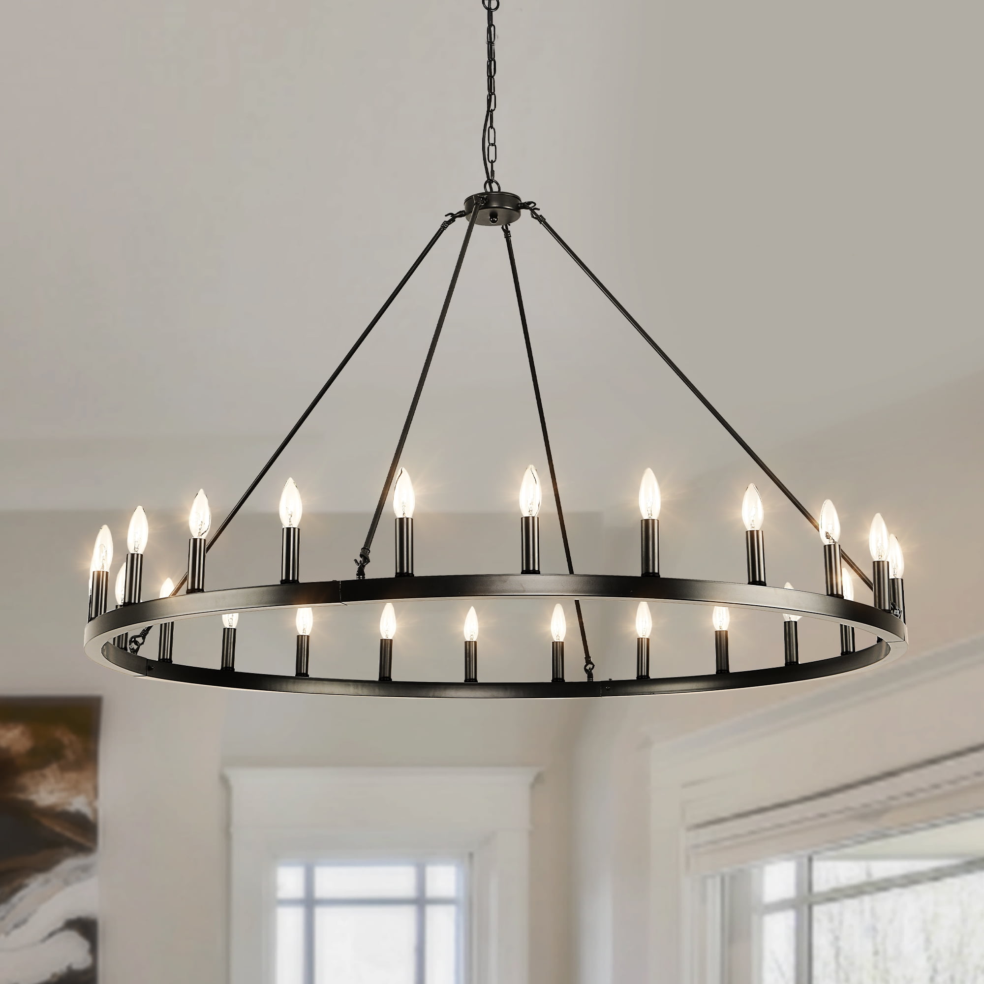 Black 53-Inch 24-Light Rustic Candle Wagon Wheel Chandelier