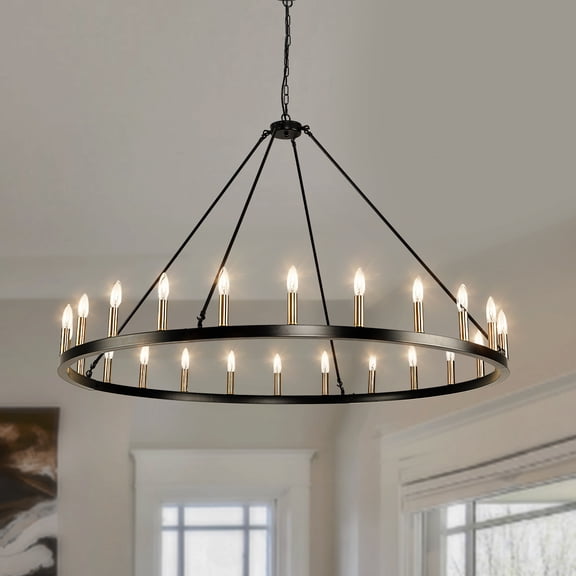 Magic Home 24-Light Big Wagon Wheel Chandelier,Modern Farmhouse Large Light Fixtures Large Round Chandelier,Round Kitchen Island Light,black frame   electroplated imitation copper lamp holder