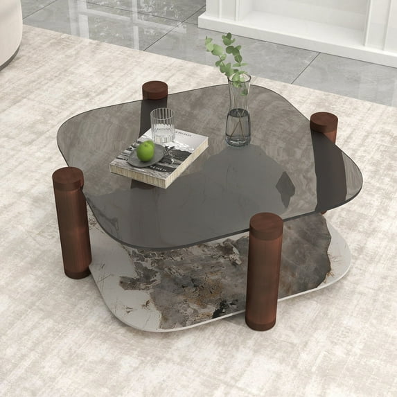 Magic Home 35.43" Modern Square Tempered Glass Coffee Tables with Sturdy Metal Legs,2-Tier Square Coffee Table with Storage Clear Cocktail Table for Home,Office,Living Room(Ancient bronze)