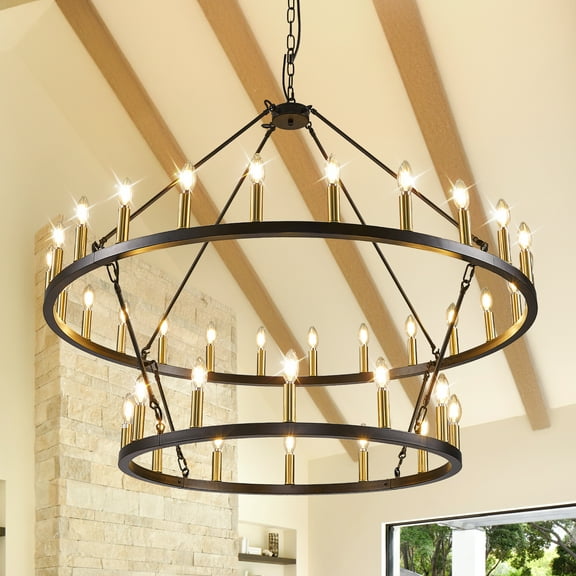 Magic Home 36-Lights Wagon Wheel Chandelier,2 Tier Extra Large Farmhouse Chandelier Light Fixture,Round Rustic Lighting,Black frame + Glod lamp head