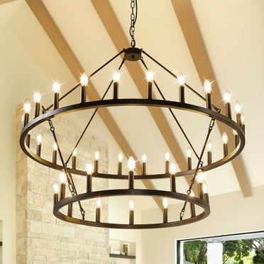 Magic Home 36-Lights Wagon Wheel Chandelier,2 Tier Extra Large Farmhouse Chandelier Light Fixture,Round Rustic Lighting,Black
