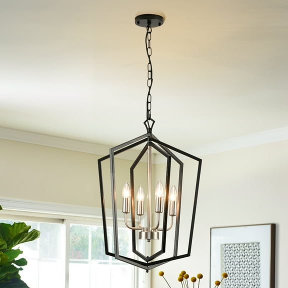 Magic Home 4-Light Lantern Geometric Chandelier,Modern Farmhouse Chandelier Vintage Hanging Cage Globe Ceiling Light,Silver