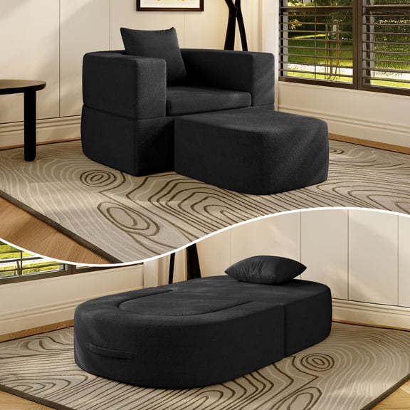 The Magic Home 41" Futon Sofa Bed Teddy Fleece Futon Couch Convertible Sleeper Floor Sofa Bed Upholstered Couch Reading Chair for Living Room, Black Couch, No Assembly
