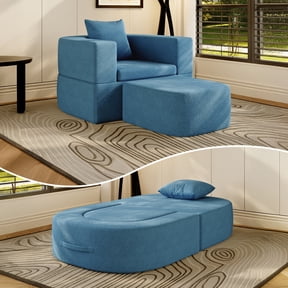 The Magic Home 41" Futon Sofa Bed Teddy Fleece Futon Couch Convertible Sleeper Floor Sofa Bed Upholstered Couch Reading Chair for Living Room, Blue Couch, No Assembly