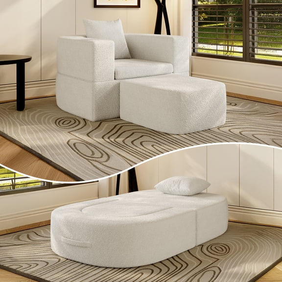 The Magic Home 41" Futon Sofa Bed Teddy Fleece Futon Couch Convertible Sleeper Floor Sofa Bed Upholstered Couch Reading Chair for Living Room, White Couch, No Assembly