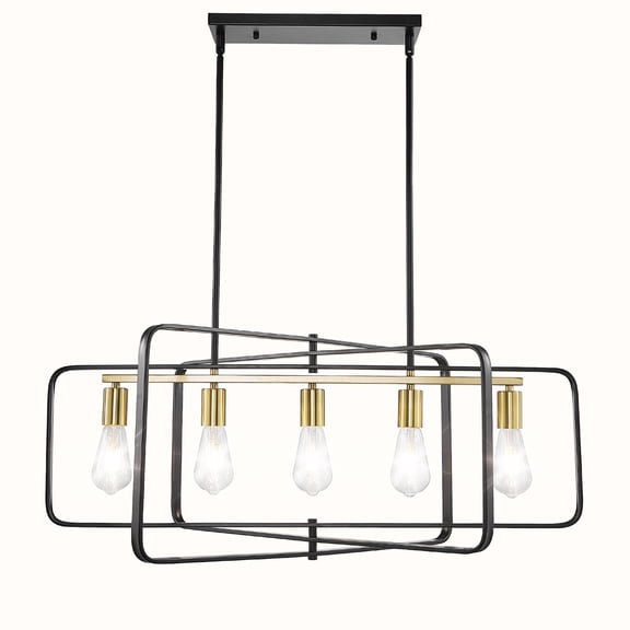 Magic Home 5-Light Kitchen Island Lighting Hanging,Farmhouse Linear Chandeliers,Rectangle Rustic Ceiling Pendant Light Fixtures,Gold