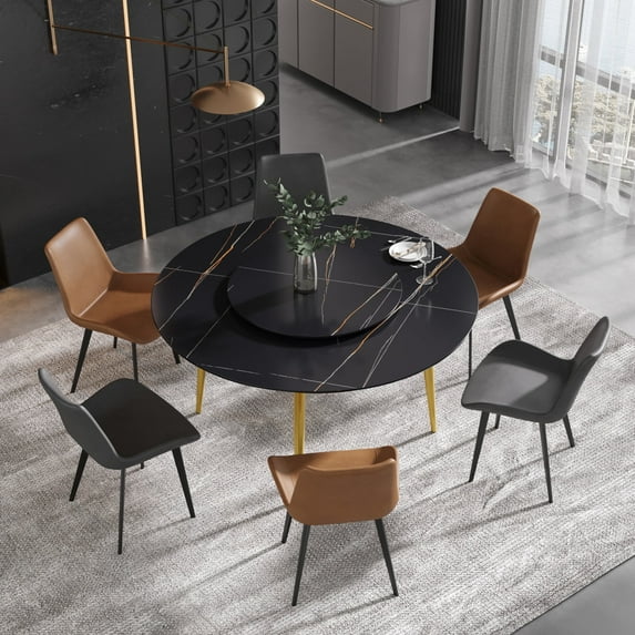 Magic Home 53.15” Black Sintered Stone Round Dining Table with 23.62” Black Slate Round Turntable for 6 People with Gold Sturdy Metal Legs