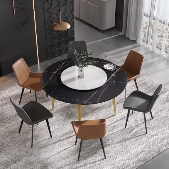Magic Home 53.15” Black Sintered Stone Round Dining Table with 23.62” White Slate Round Turntable for 6 People with Gold Sturdy Metal Legs