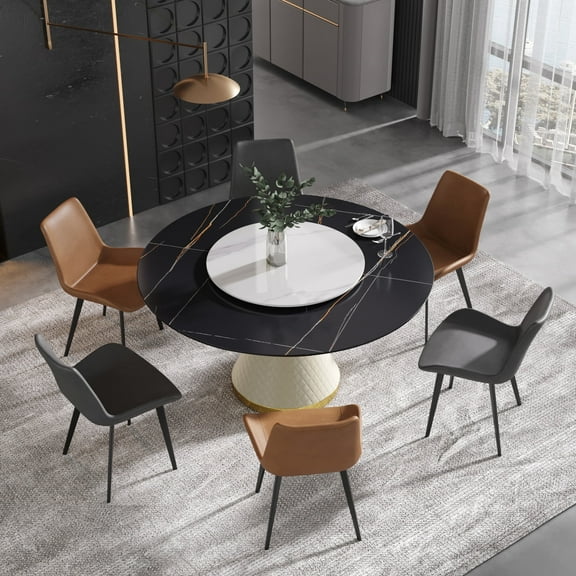 Magic Home 53.15” Black Sintered Stone Round Dining Table with 23.62” White Slate Round Turntable for 6 People with White Solid Stainless Steel Base