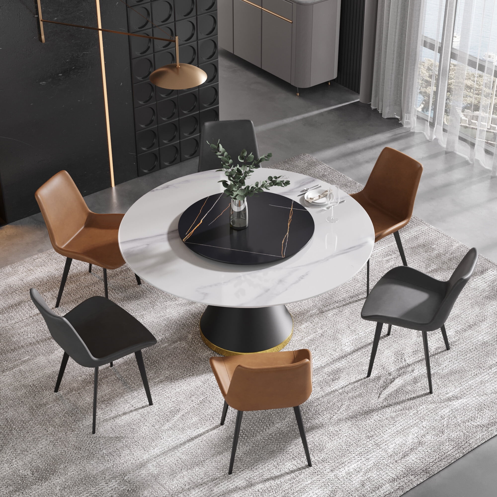 Magic Home 53.15” White Sintered Stone Round Dining Table for 6, Black ...