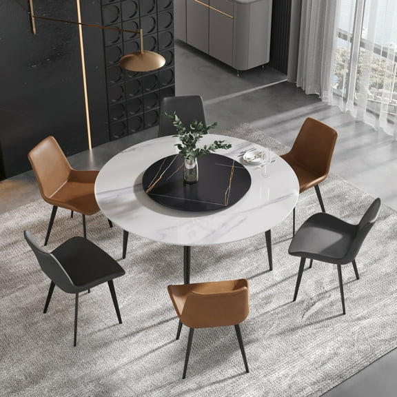Magic Home 53.15” White Sintered Stone Round Dining Table with 23.62” Black Slate Round Turntable for 6 People with Black Sturdy Metal Legs