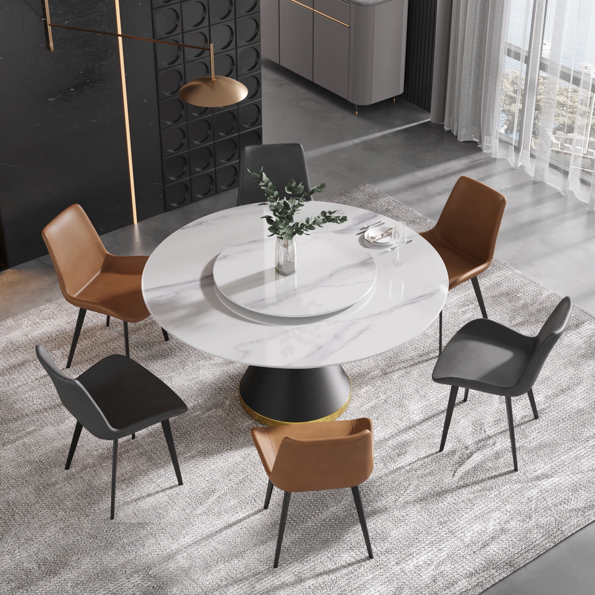 Magic Home 53.15” White Sintered Stone Round Dining Table with 23.62 ...