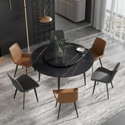 Magic Home 59  Black Sintered Stone Round Dining Table with 31.5  Black Slate Round Turntable for 6 People with Black Sturdy Metal Legs