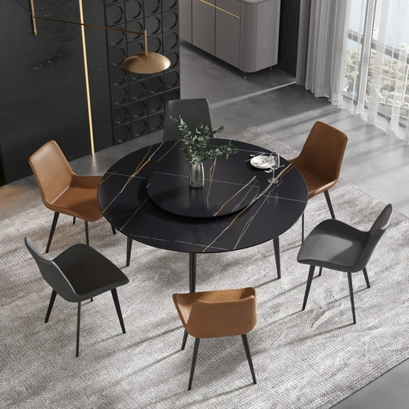 Magic Home 59” Black Sintered Stone Round Dining Table with 31.5” Black Slate Round Turntable for 6 People with Black Sturdy Metal Legs
