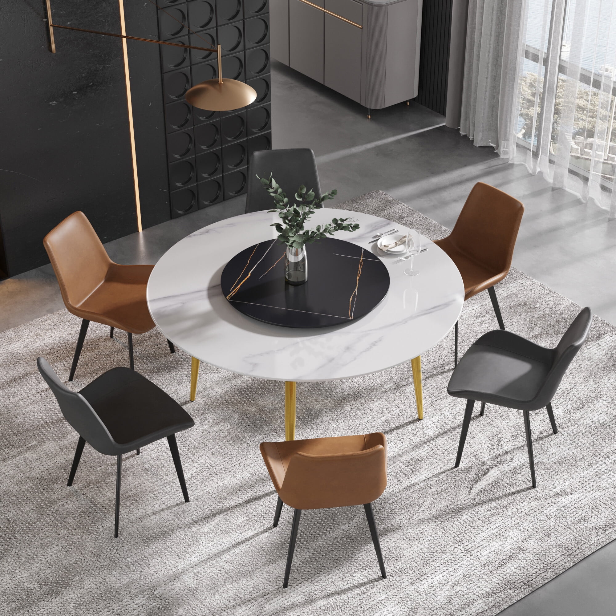 Magic Home 59” White Sintered Stone Round Dining Table with 31.5” Black ...