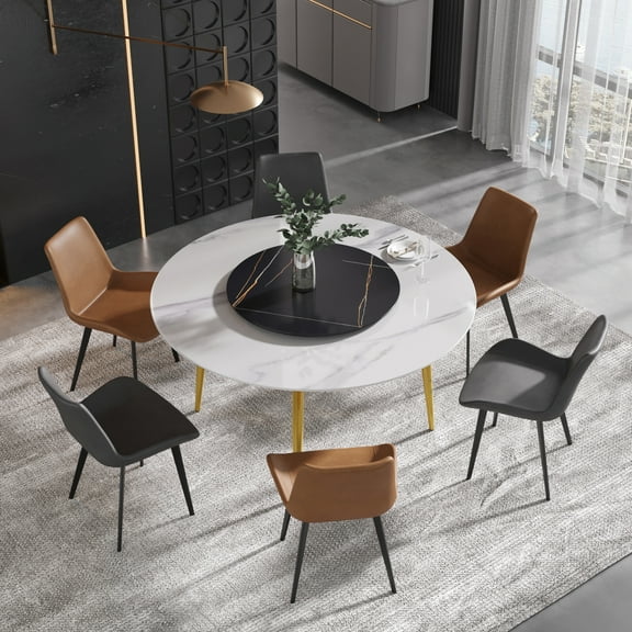 Magic Home 59” White Sintered Stone Round Dining Table with 31.5” Black Slate Round Turntable for 6 People with Gold Sturdy Metal Legs