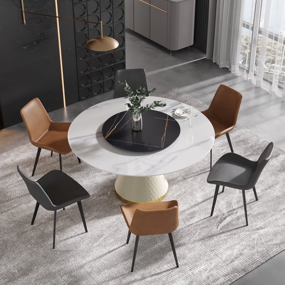 Magic Home 59” White Sintered Stone Round Dining Table with 31.5” Black Slate Round Turntable for 6 People with White Solid Stainless Steel Base
